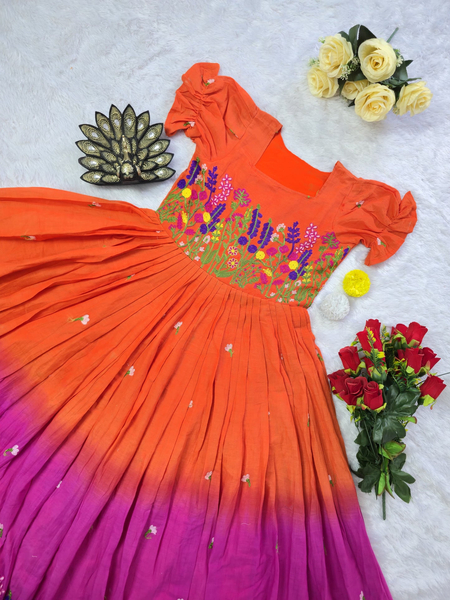 Premium Kora Cotton Midi Dress with Multicolour Thread Work