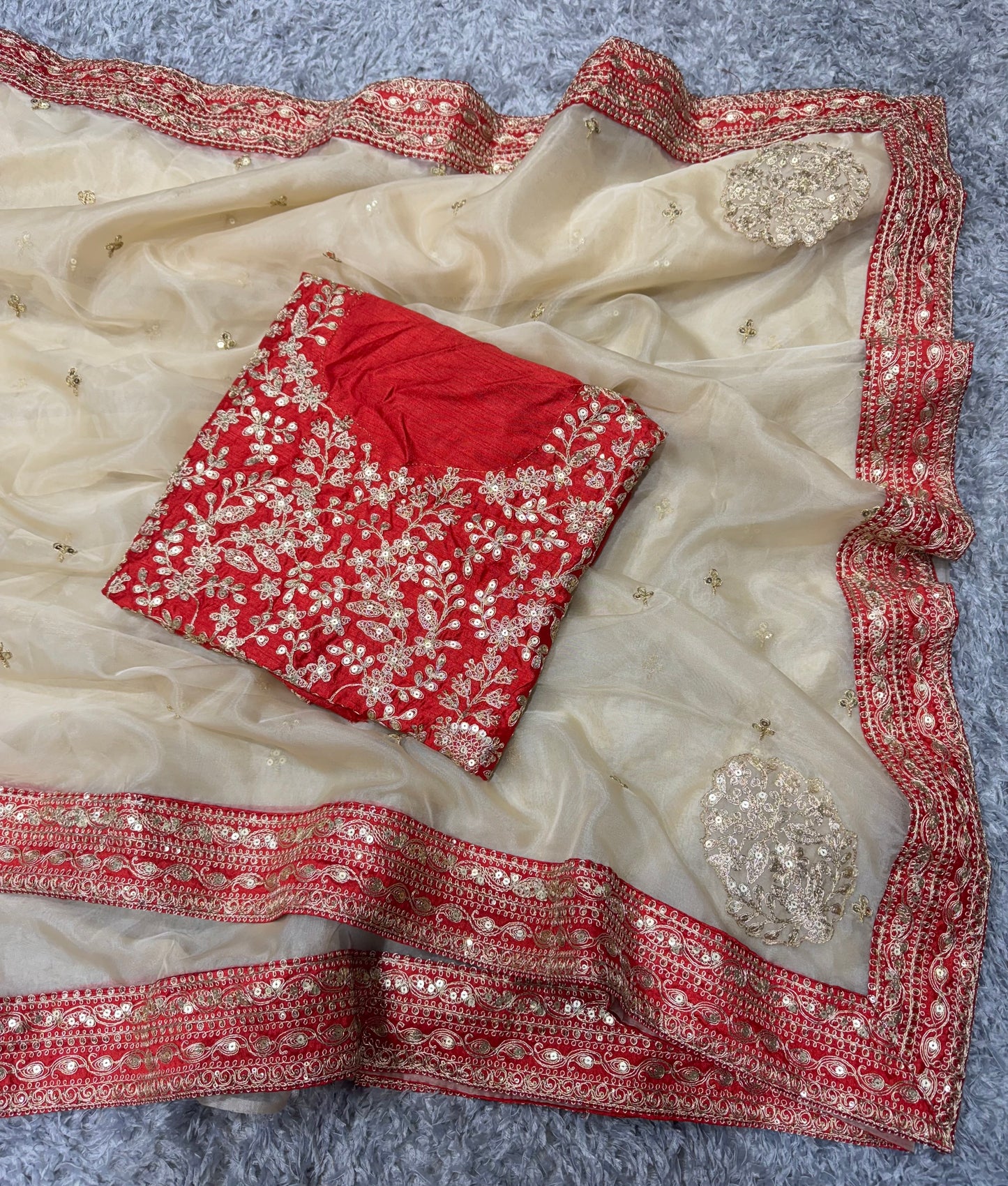 Cream Organza Saree with Cording Sequins Work