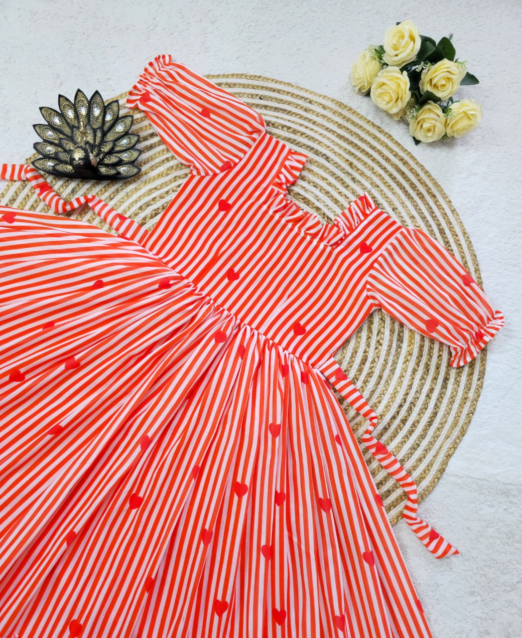 Women’s Striped Printed Midi Dress with Heart Pattern & Ruffle Hem – Stylish Casual & Party Wear Dress