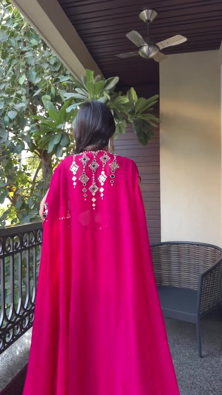 Citrus Pink Draped plazo & Mirror work Blouse with Cape