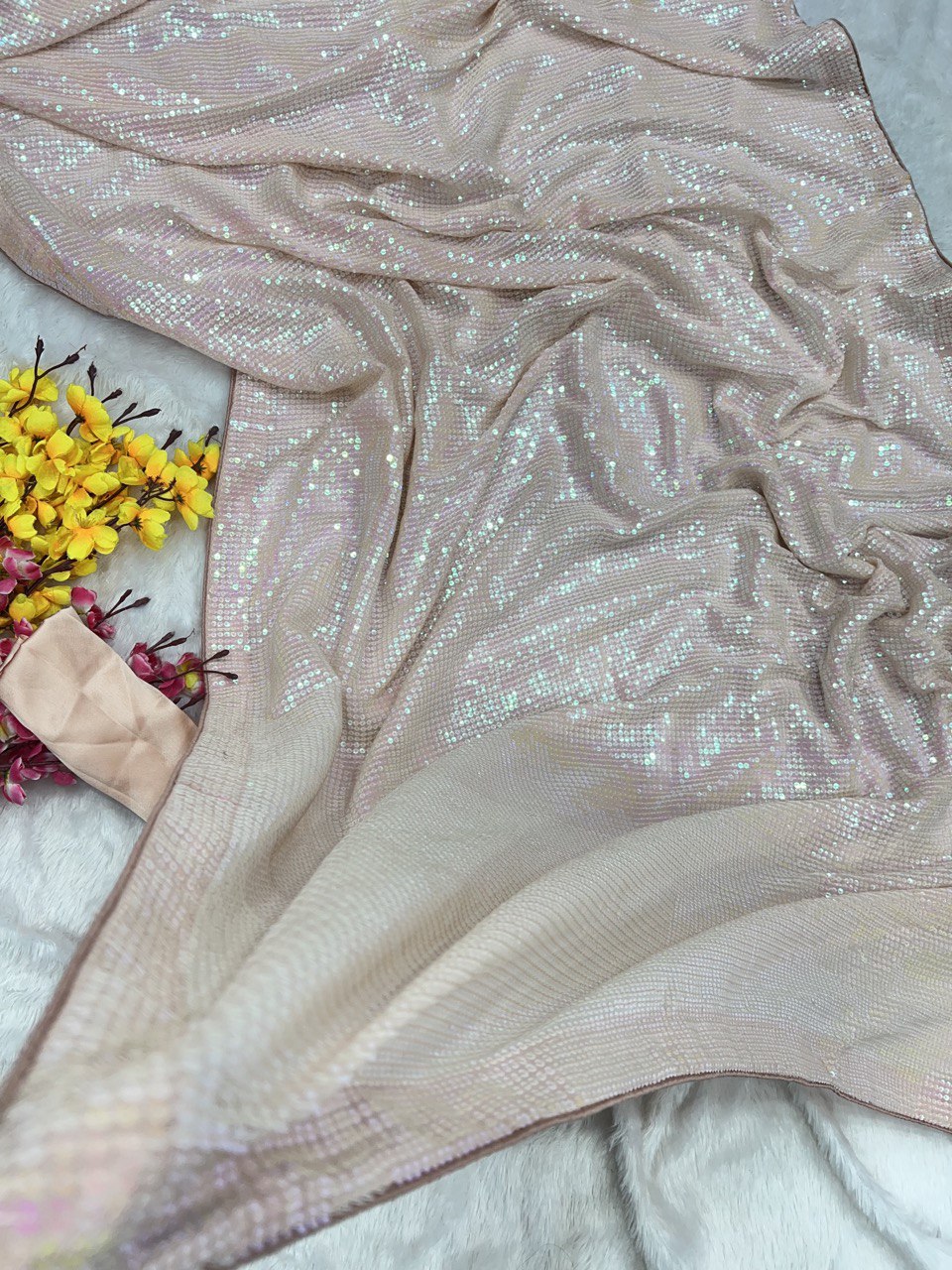 Pink Georgette Sequins Saree For Women