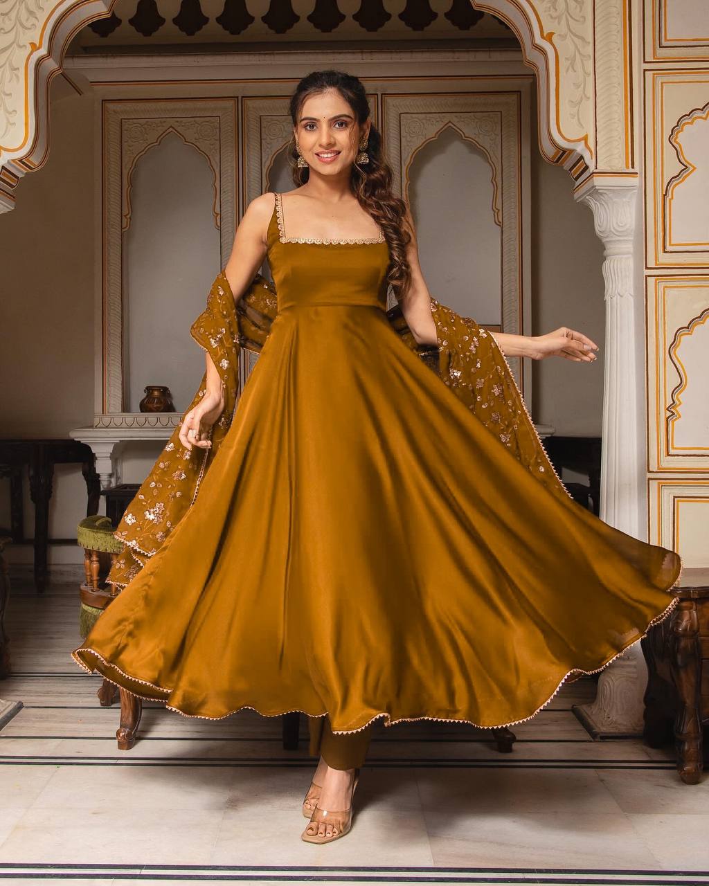 Mustard Designer Party Wear Gown Set for Women – STYLADY