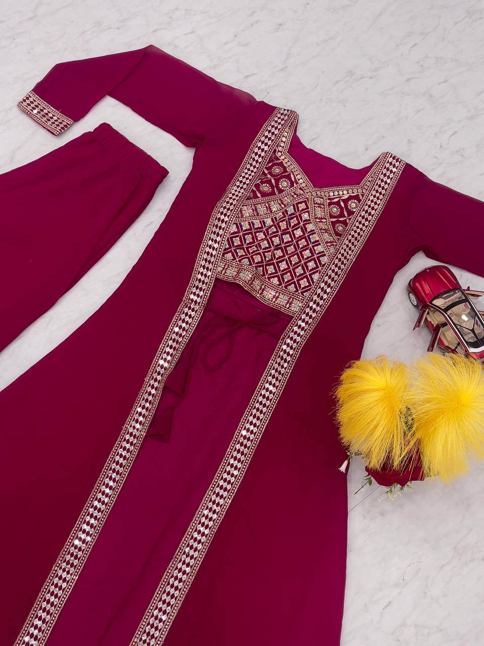 Festival Shrug & Plazzo Set with Choli - Maroon Color