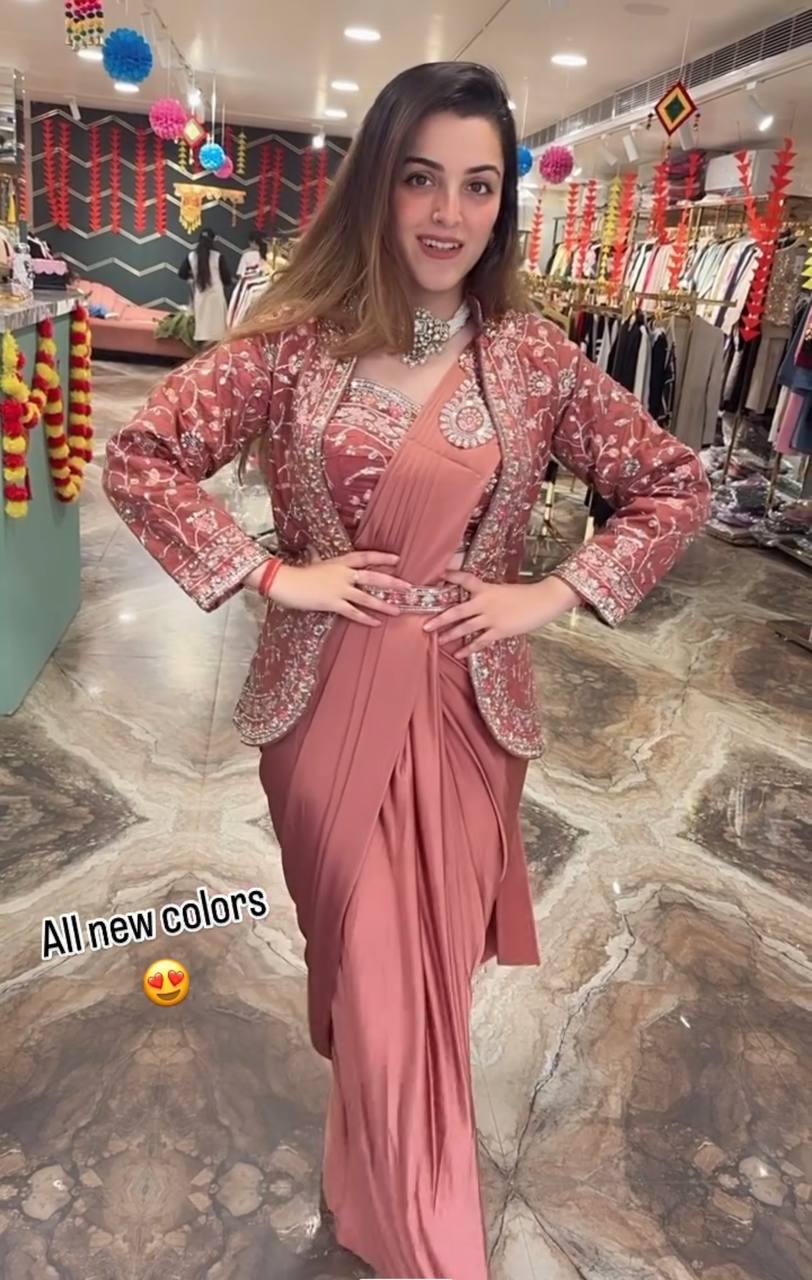 Trendy Indo-Western Ready-to-Wear Saree with Embroidered Koti & Stitch Trendy Indo-Western Ready-to-Wear Saree with Embroidered Koti & Stitch