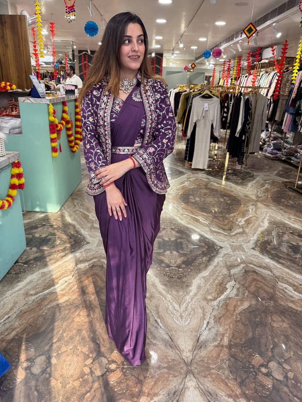 Trendy Indo-Western Ready-to-Wear Saree with Embroidered Koti & Stitch STYLADY Trendy Indo-Western Ready-to-Wear Saree with Embroidered Koti & Stitch STYLADY