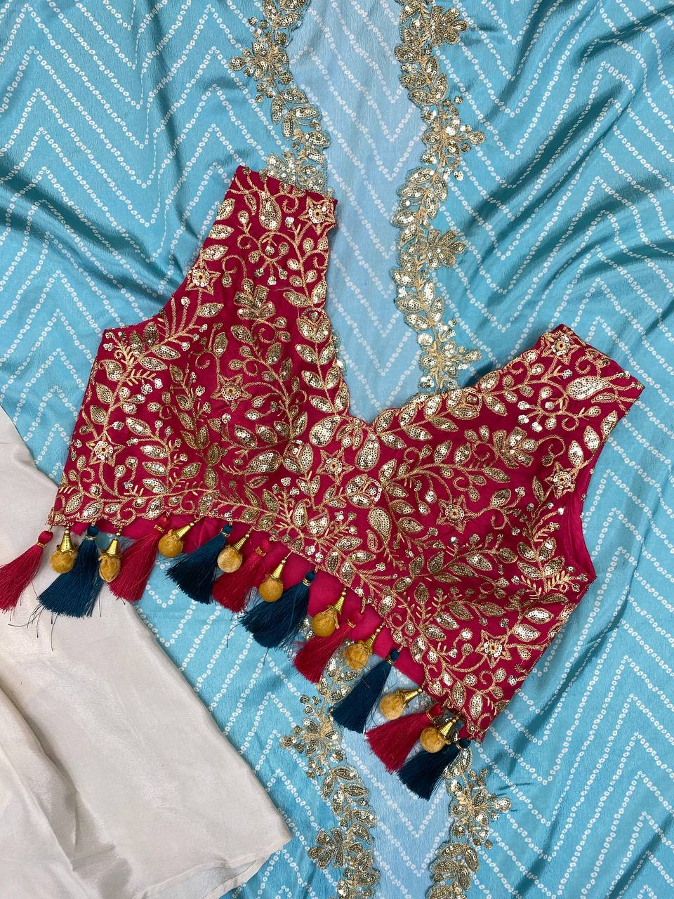 Designer Draped Skirt, Tube Blouse & Shrug