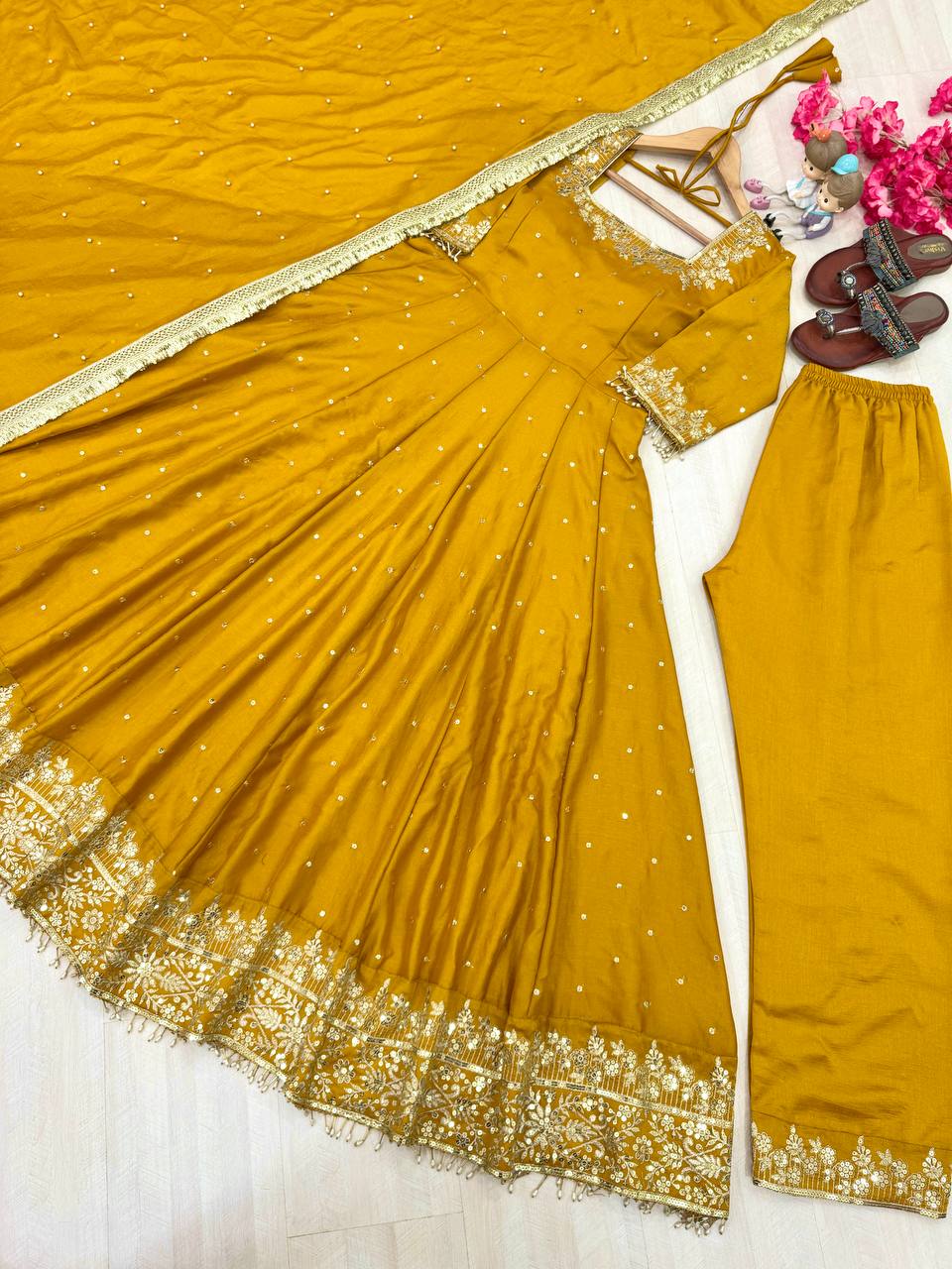 New Party Wear Vichitra Silk Anarkali Gown Set