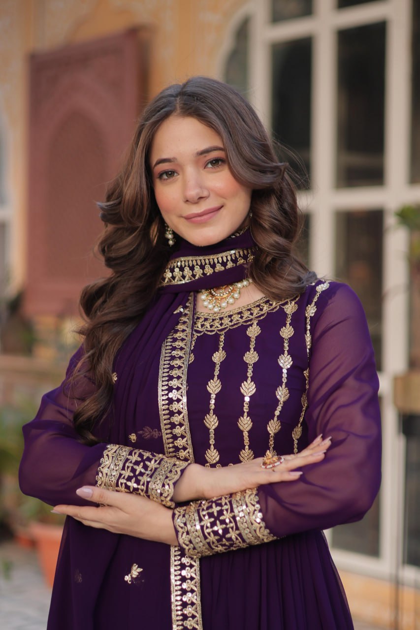 Elegant Embroidered Zari Sequins Gown with Dupatta Set