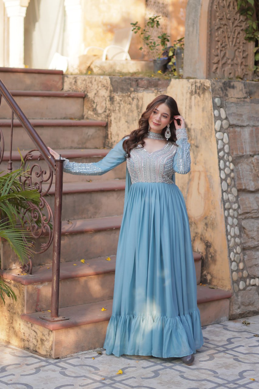 Perfect Partywear Gown with Dupatta Full Sleeves Perfect Partywear Gown with Dupatta Full Sleeves