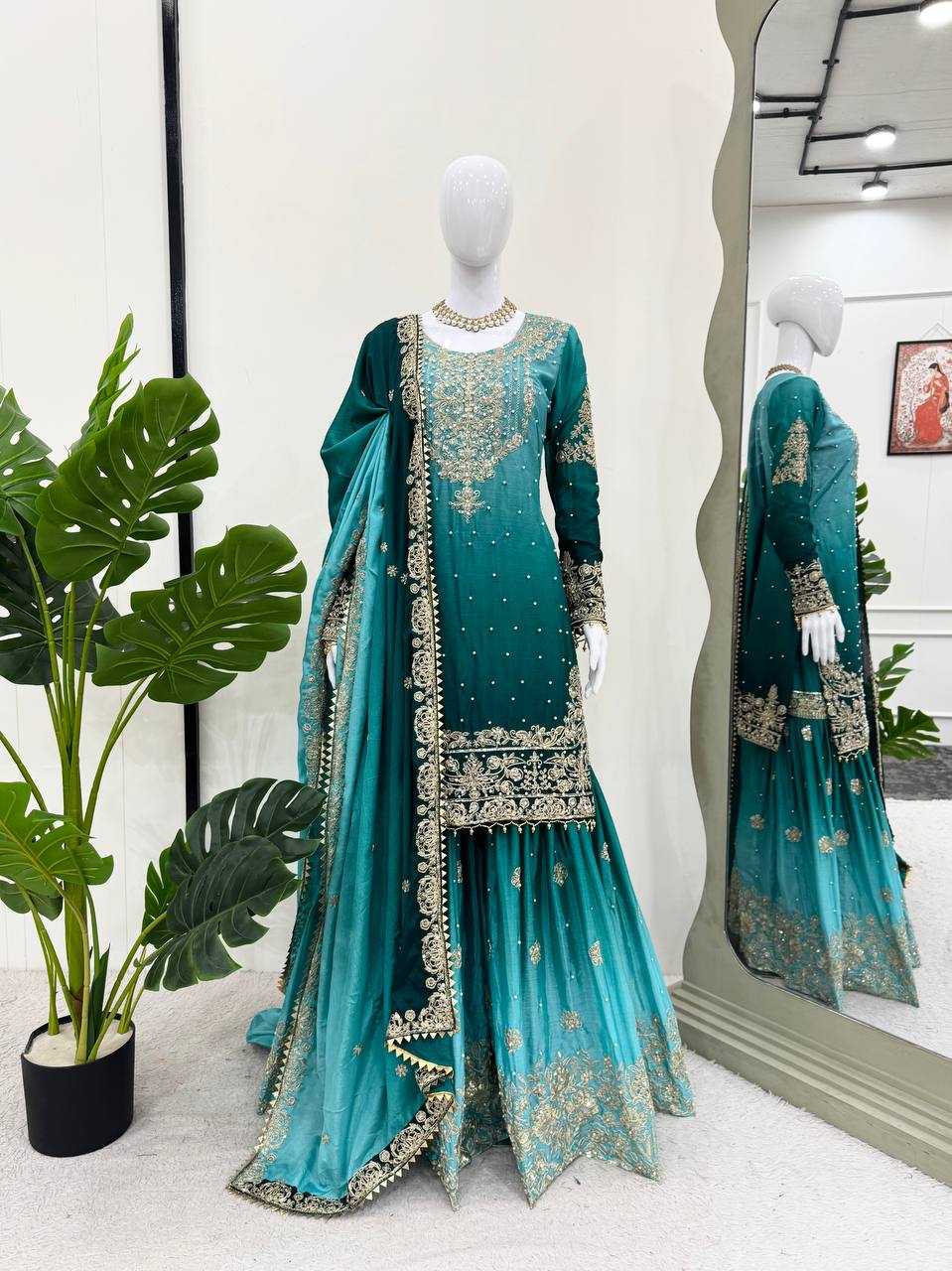 Elegant Heavy Chinon Designer Suit with Sharara & Dupatta