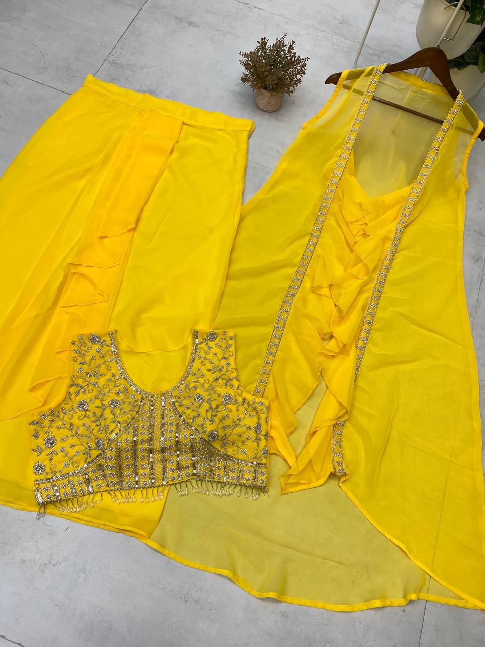 Designer 3-Piece Set – Embroidered Blouse, Dhoti & Koti with Ruffles