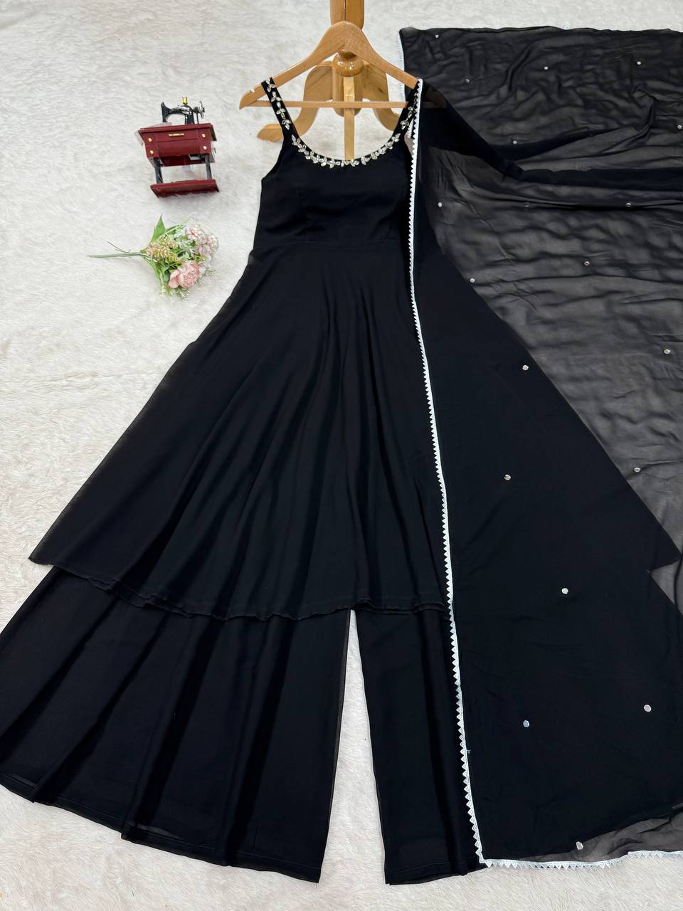 Faux Georgette Mirror Work Plazo Suit Set with Lace Border Dupatta – Handwork Designer Wedding & Party Wear Ethnic Outfit