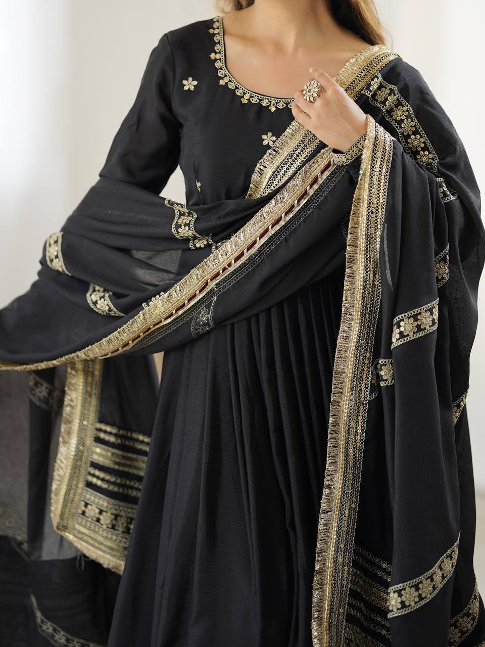 Elegant Chinon Silk Embroidered Suit Set with Dupatta