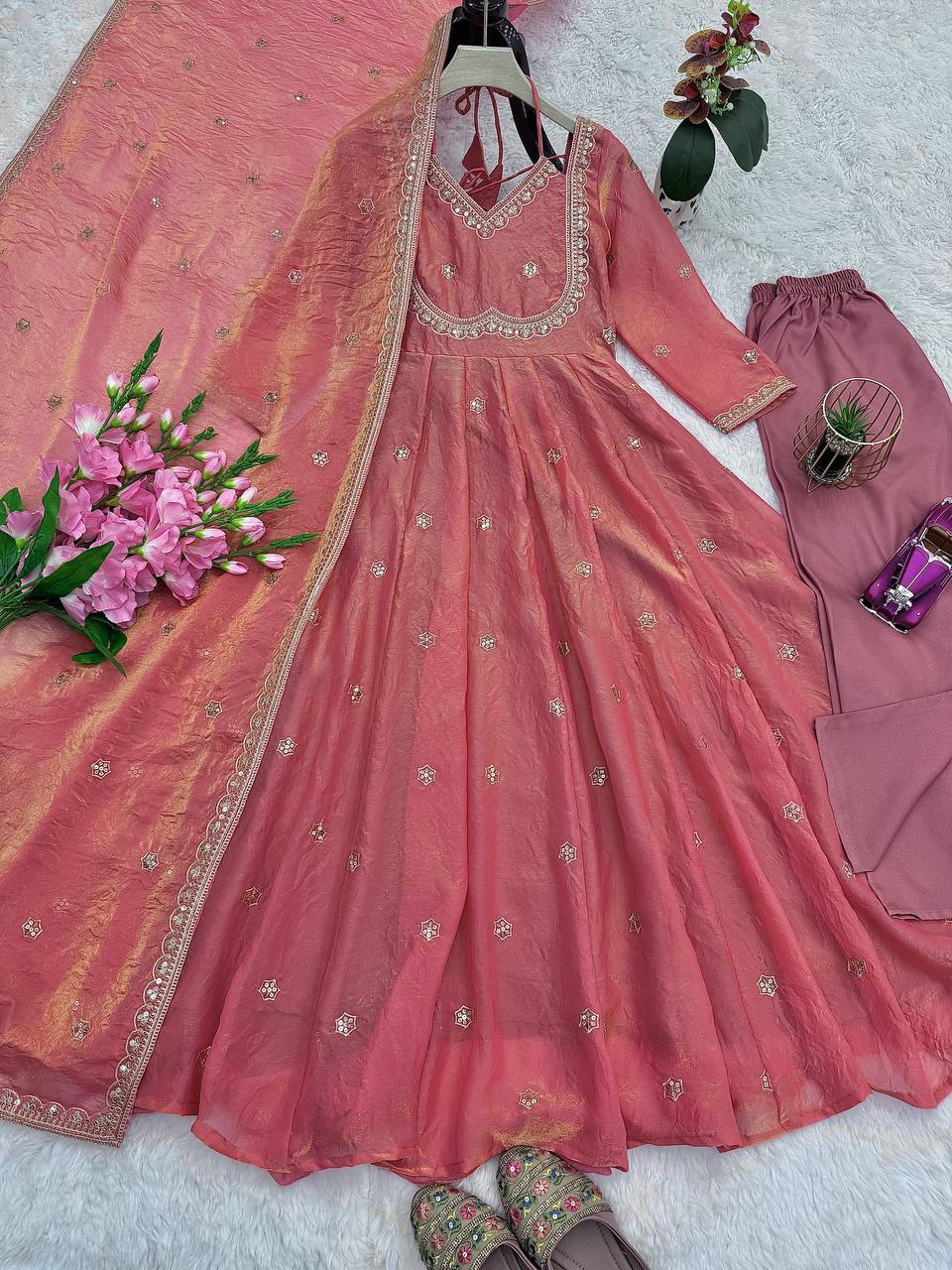 Premium Heavy Fandy Silk Gown Set with Embroidered Dupatta & Pant