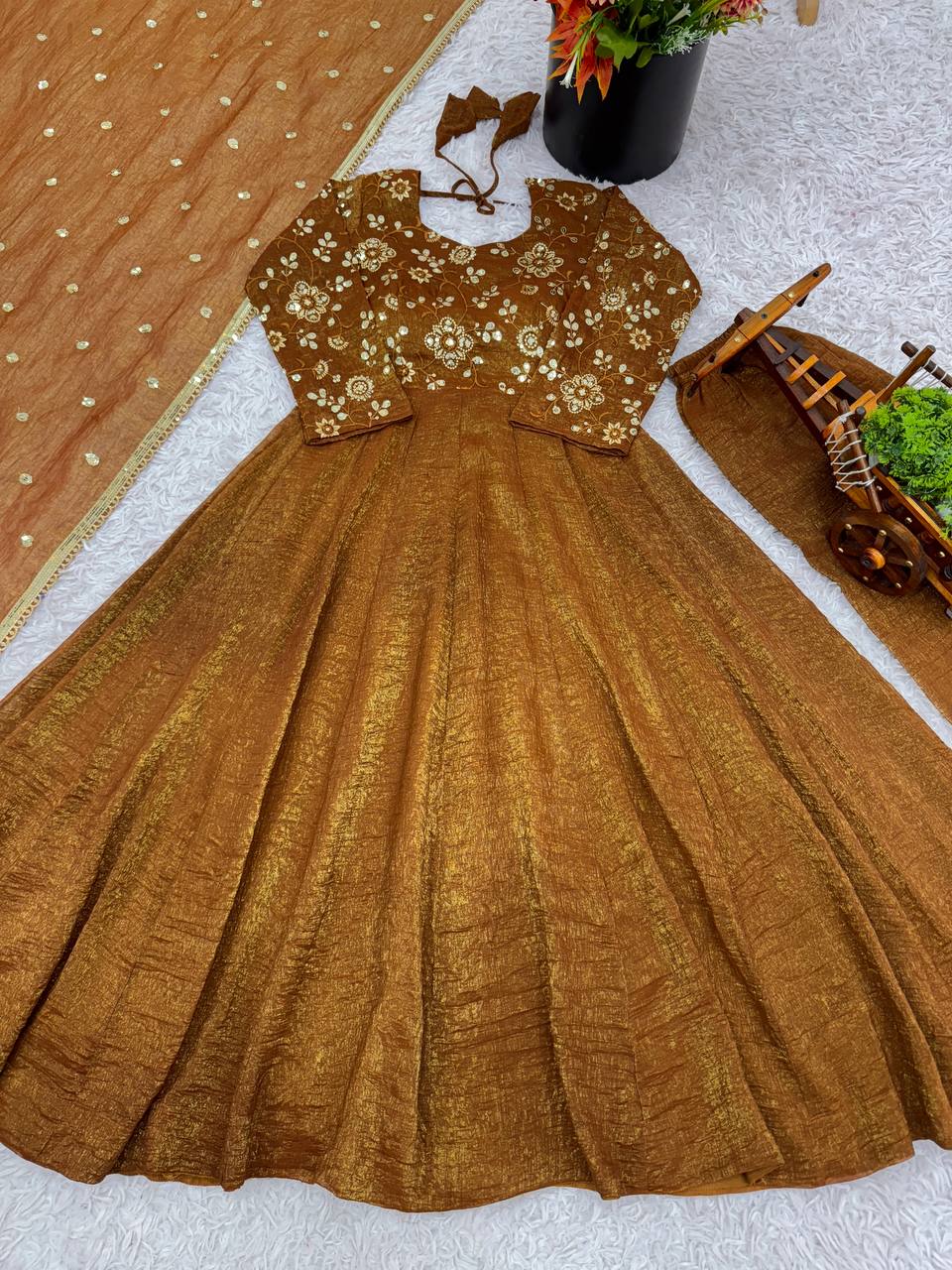 Elegant Designer Crunchy Silk Embroidered Anarkali Gown Set with Dupatta