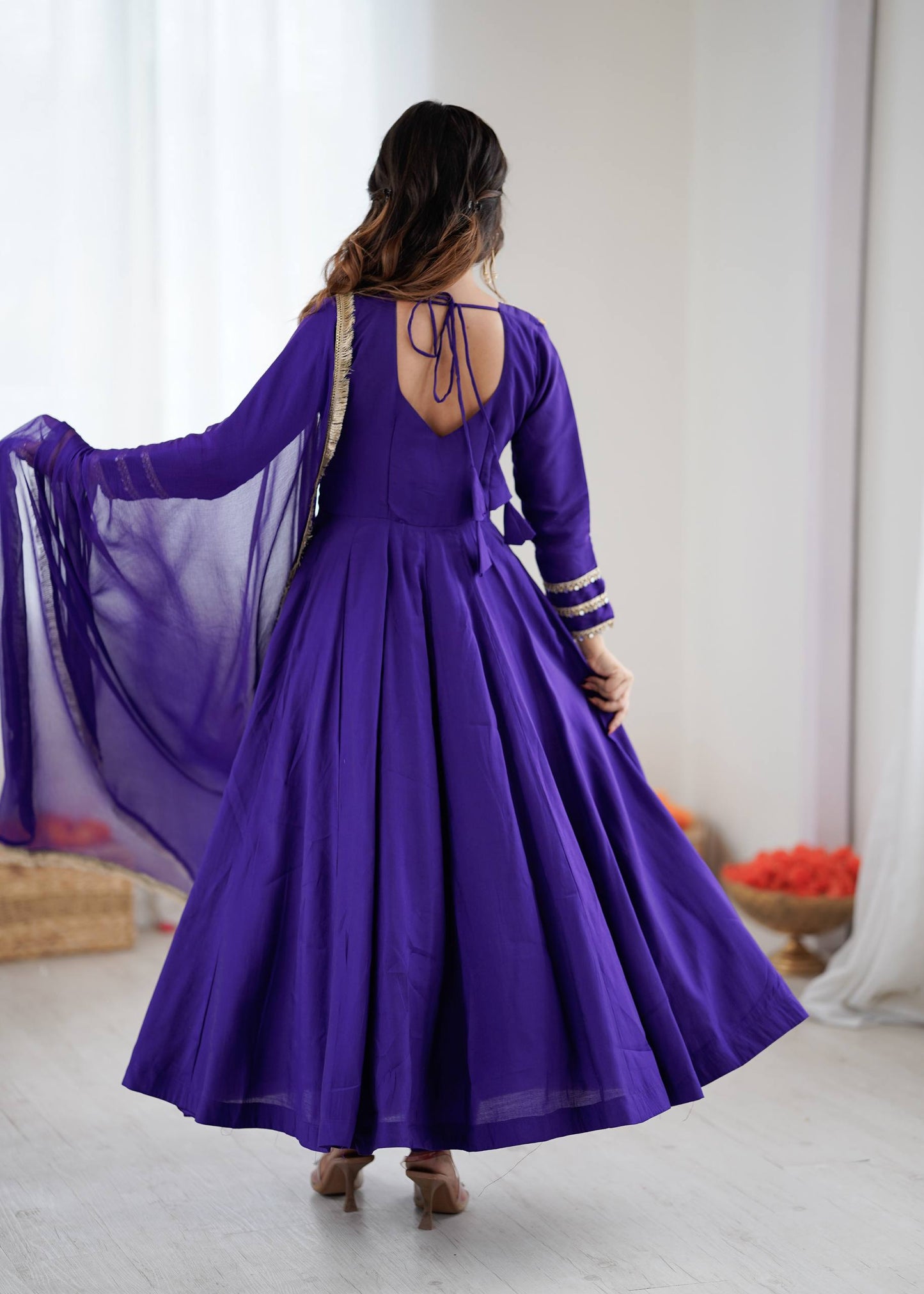 Premium Roman Silk Anarkali Gown Set with Dupatta – Fully Stitched Party Wear Anarkali Suit for Women (4.5m Flair)