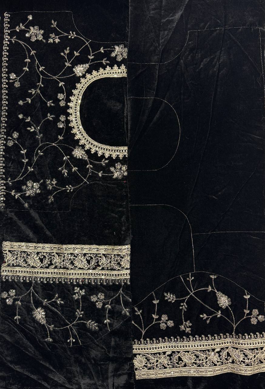 Moss Silk Saree with Sequence & Zari Embroidery and Velvet Lace Border