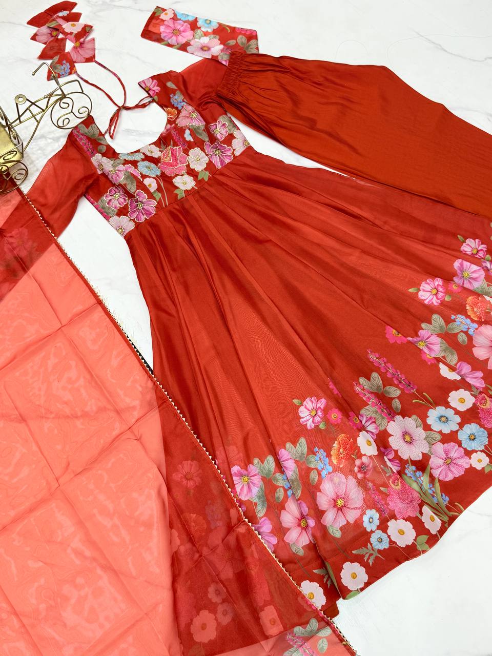 Women’s Pure Soft Organza Silk Anarkali Suit Set with Badla Zari Handwork | Floral Printed 4 Meter Flair Festive & Wedding Wear Dress