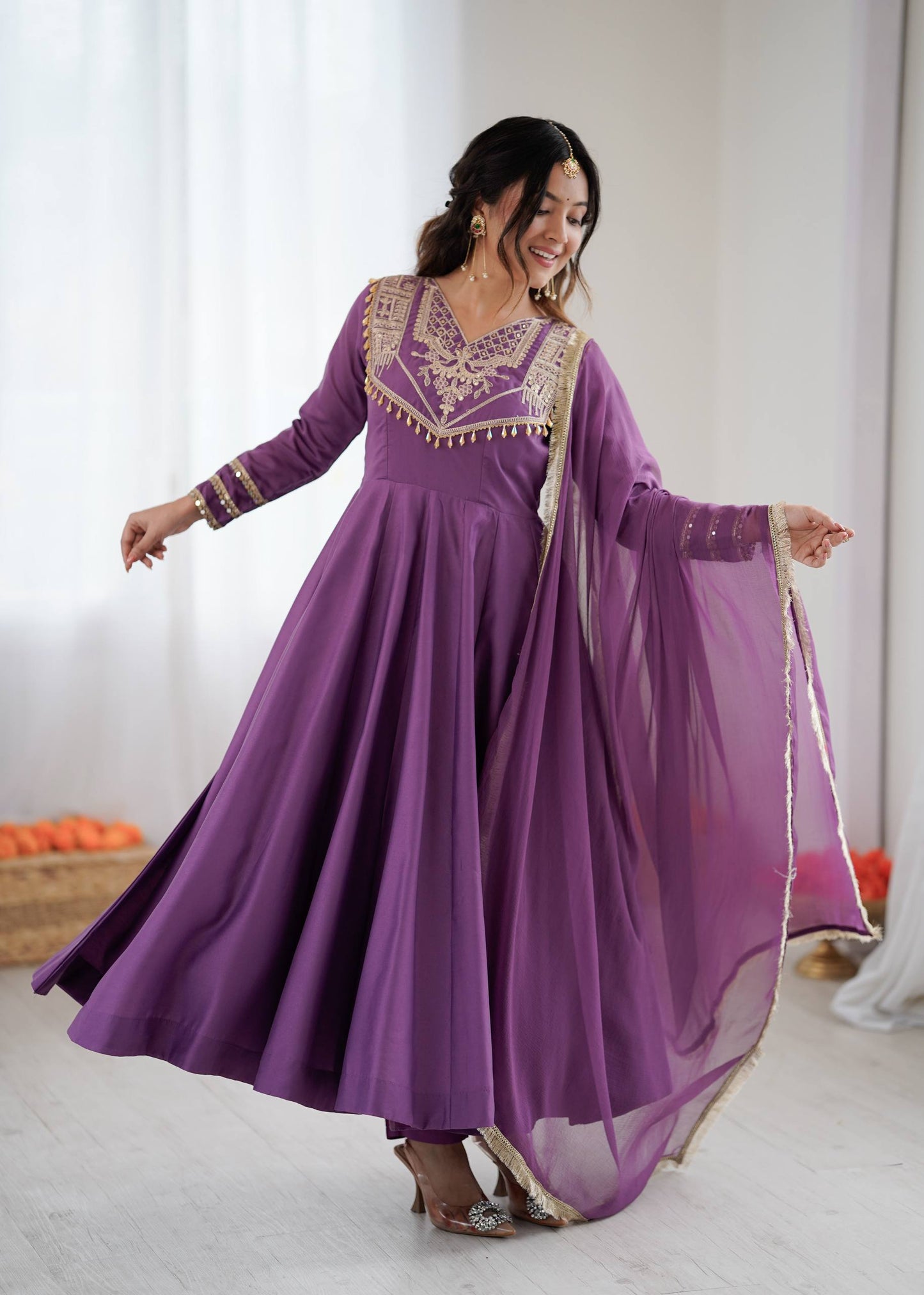 Premium Roman Silk Anarkali Gown Set with Dupatta – Fully Stitched Party Wear Anarkali Suit for Women (4.5m Flair)