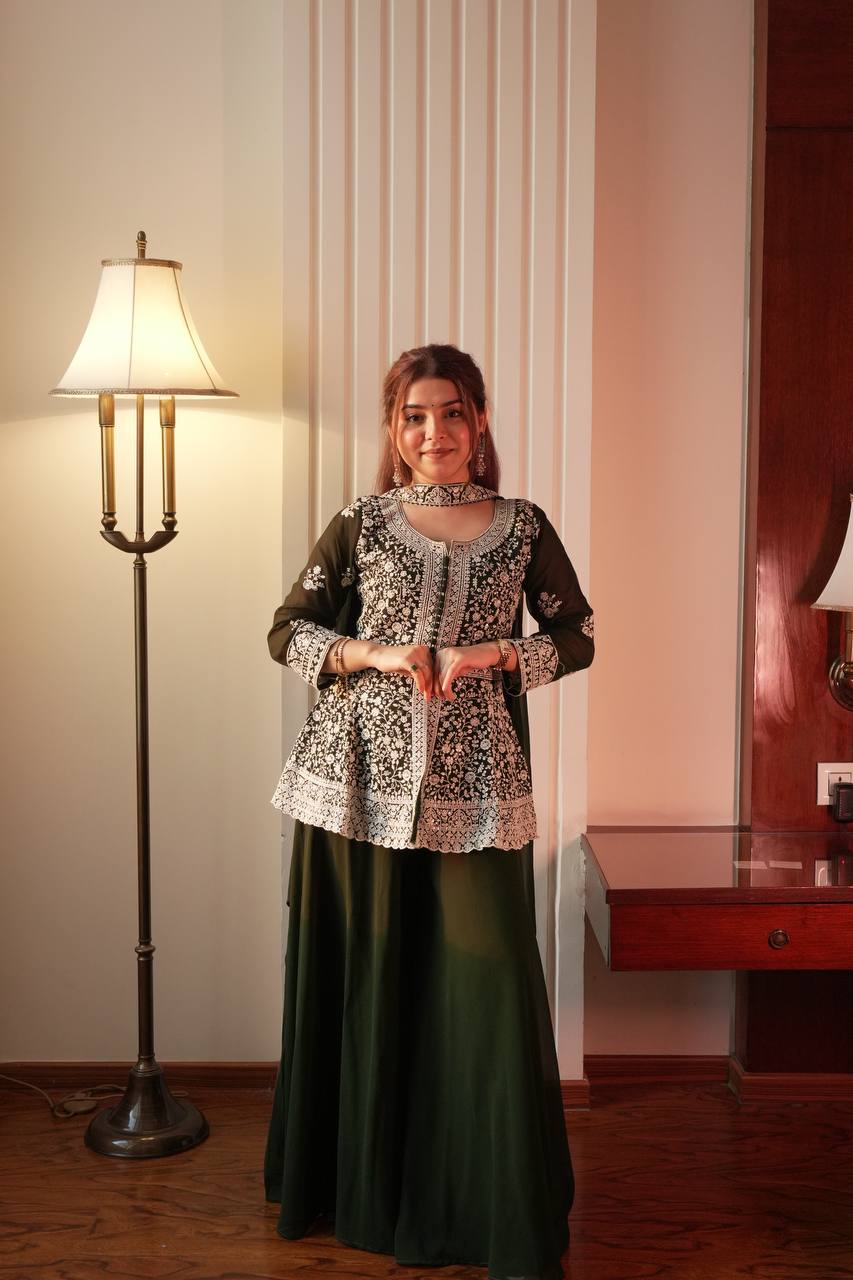 Embroidered Georgette Peplum Top with Palazzo & Dupatta Set | Festive Party Wear Kurti Set for Women