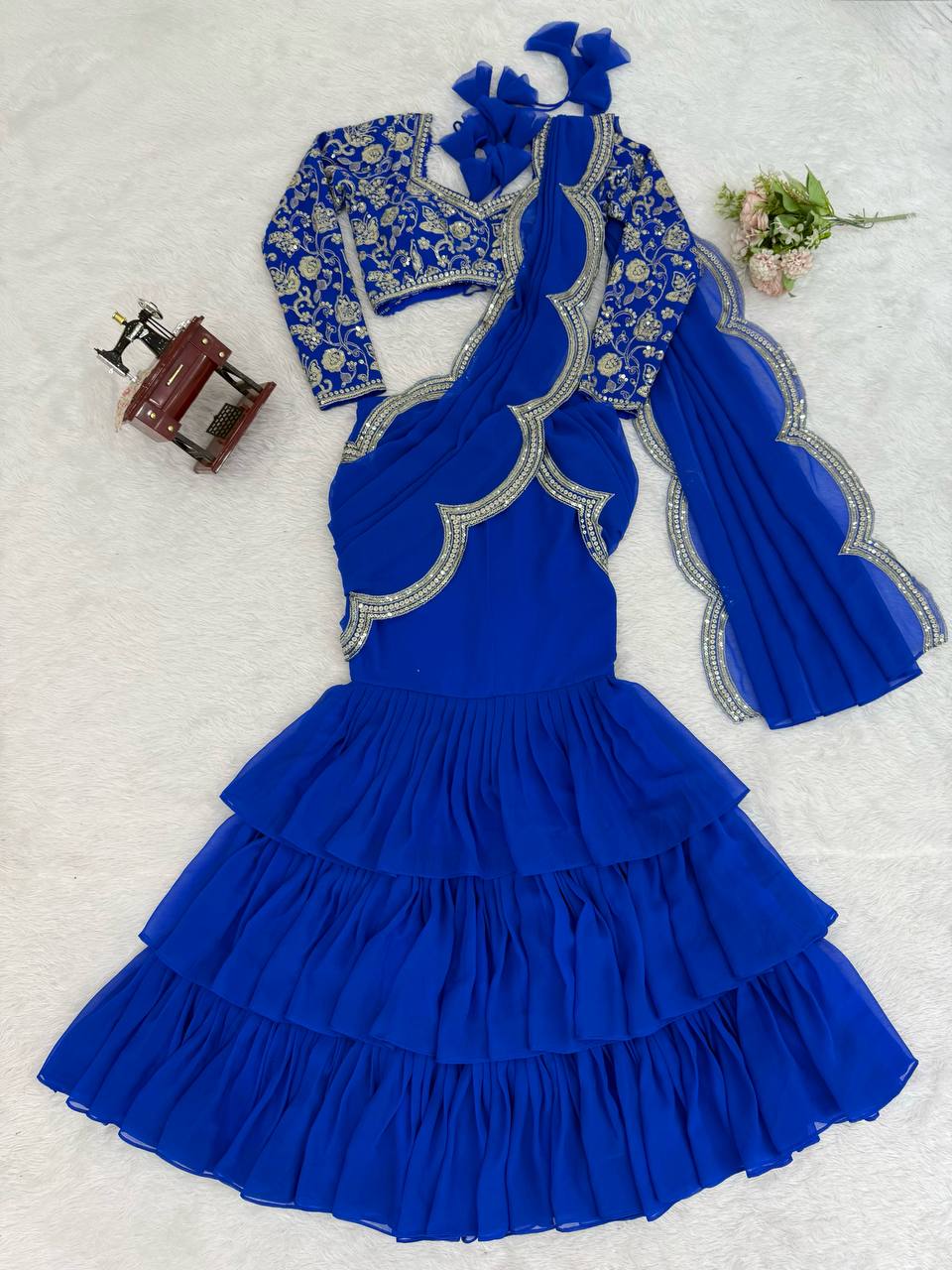 Elegant Faux Georgette Ruffle Saree with Thread & Sequin Embroidery