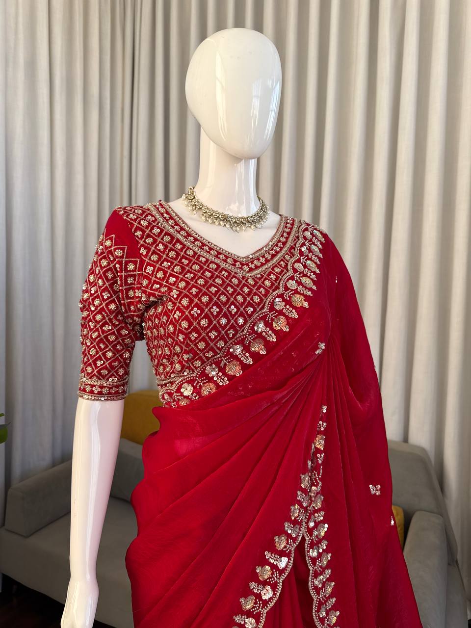 Designer Fendy Silk Saree with Heavy Beads, Thread & Sequence Work – Wedding & Party Wear Saree with Unstitched Blouse