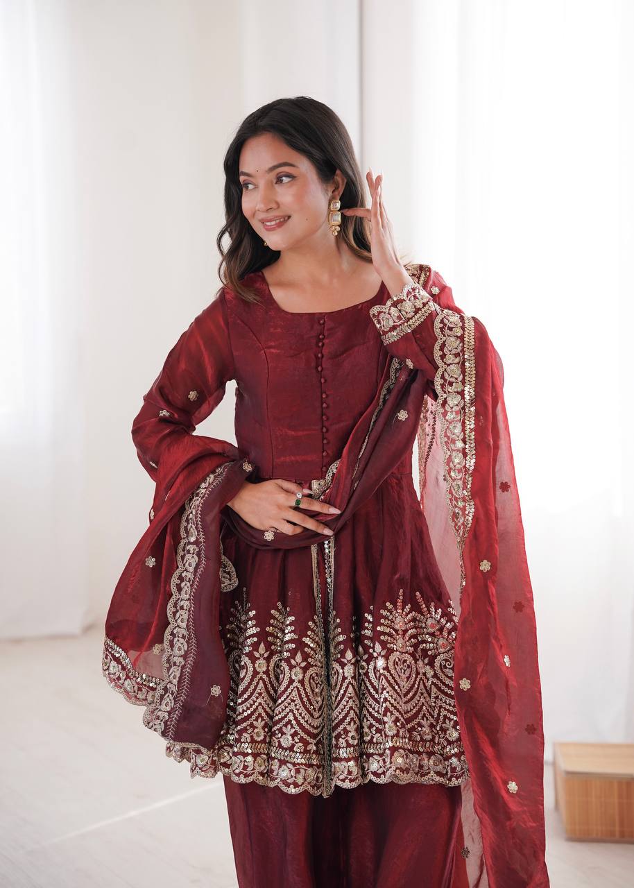 Women’s Heavy Two Tone Fendy Satin Silk Gown Sharara Set with Embroidery Sequins & Real Mirror Work | Wedding & Party Wear Suit