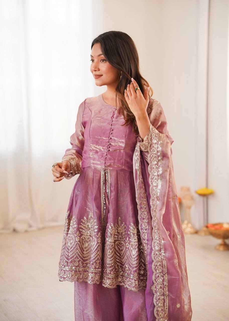 Women’s Heavy Two Tone Fendy Satin Silk Gown Sharara Set with Embroidery Sequins & Real Mirror Work | Wedding & Party Wear Suit