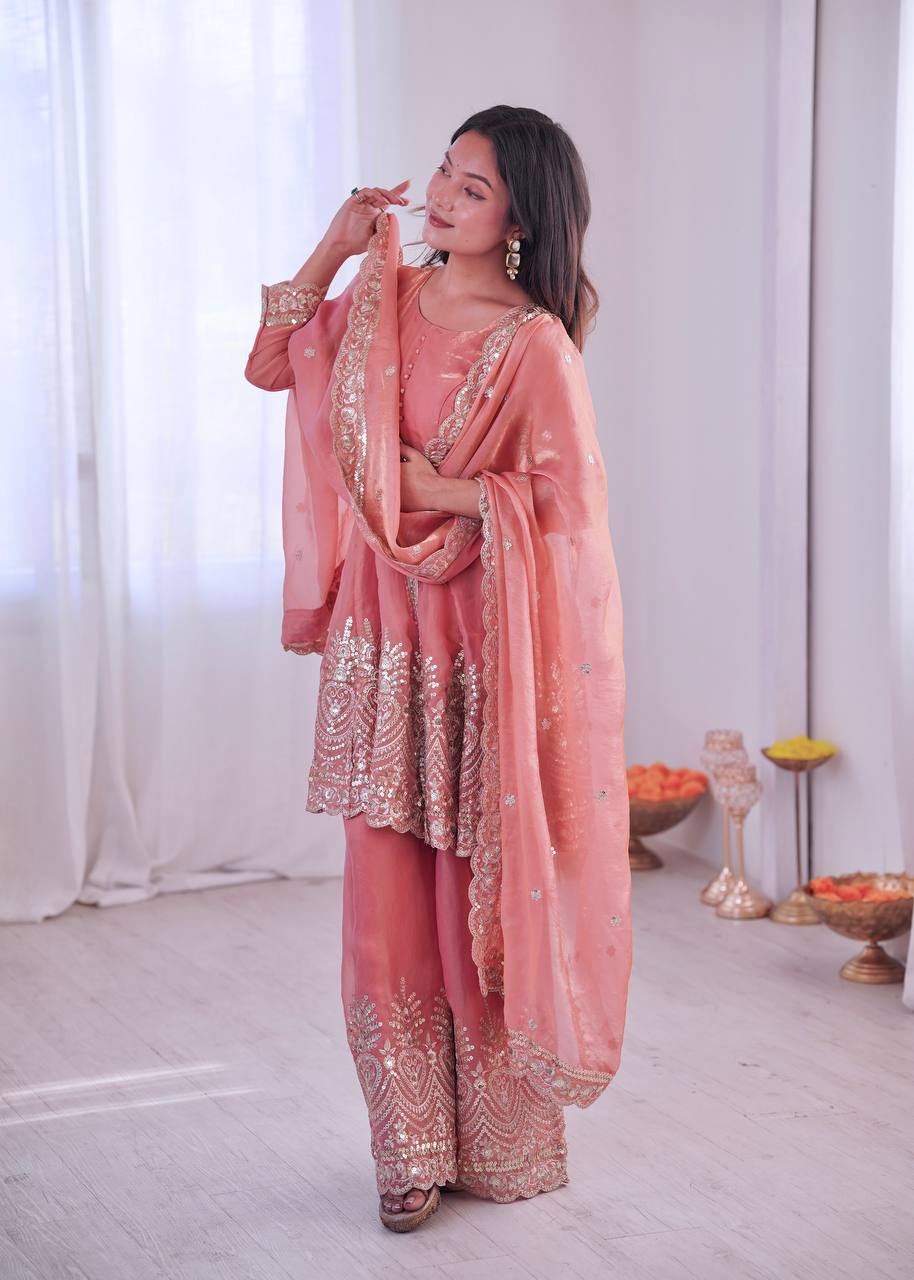 Women’s Heavy Two Tone Fendy Satin Silk Gown Sharara Set with Embroidery Sequins & Real Mirror Work | Wedding & Party Wear Suit