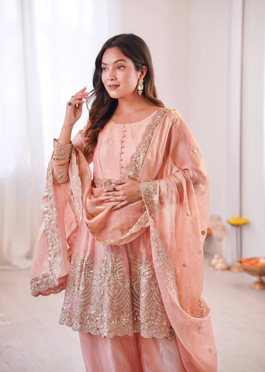Women’s Heavy Two Tone Fendy Satin Silk Gown Sharara Set with Embroidery Sequins & Real Mirror Work | Wedding & Party Wear Suit