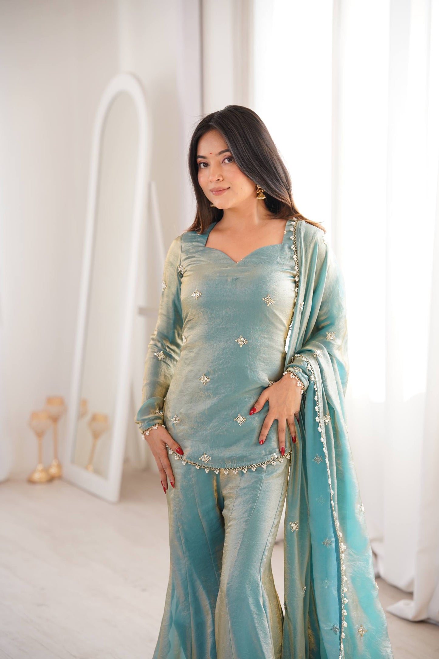 Women’s Fendy Silk Sharara Suit Set with Embroidery Sequence Work Dupatta | Fully Stitched Ready to Wear Party Wear Outfit
