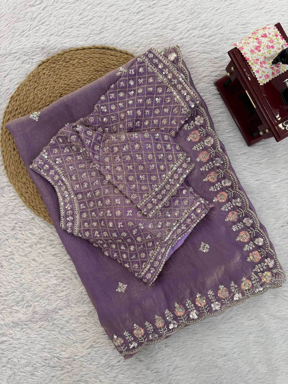 Designer Fendy Silk Saree with Heavy Beads, Thread & Sequence Work – Wedding & Party Wear Saree with Unstitched Blouse
