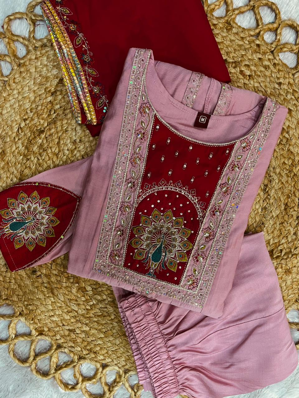 Roman Silk Anarkali Kurti Set with Plazo & Embroidered Dupatta