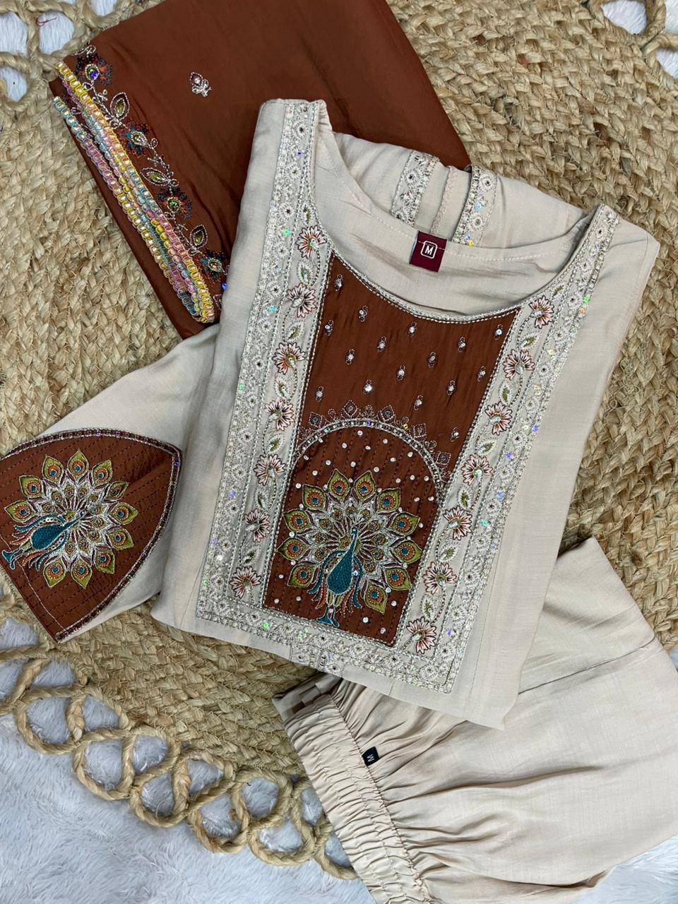 Roman Silk Anarkali Kurti Set with Plazo & Embroidered Dupatta
