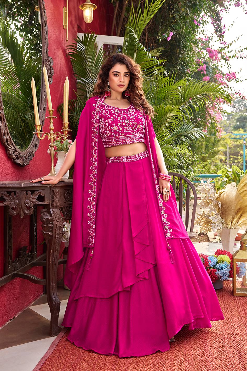 Pure Vichitra Silk Embroidered Lehenga Choli with Shrug Style Dupatta – Heavy Moti Beads & Sequence Work Wedding Lehenga Set