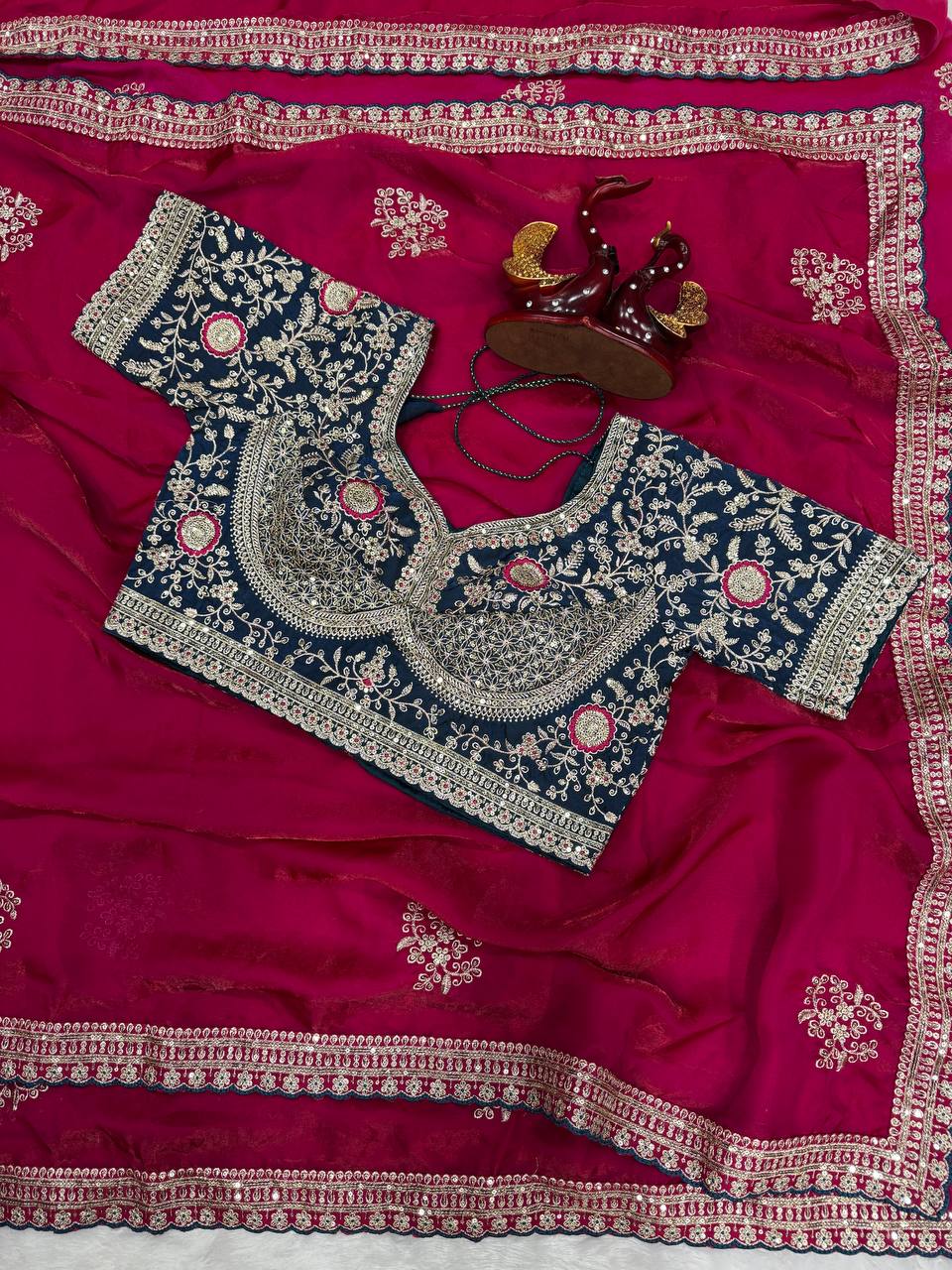 Premium Frendy Satin Saree with Sequence & Zari Embroidery Work
