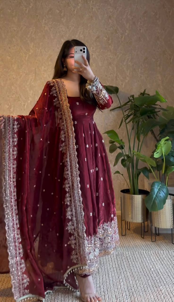 Elegant Heavy Fandy Silk Embroidered Sequins Gown Set with Dupatta & Pant – Party Wear Designer Outfit