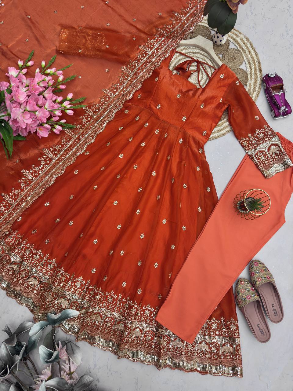 Elegant Heavy Fandy Silk Embroidered Sequins Gown Set with Dupatta & Pant – Party Wear Designer Outfit