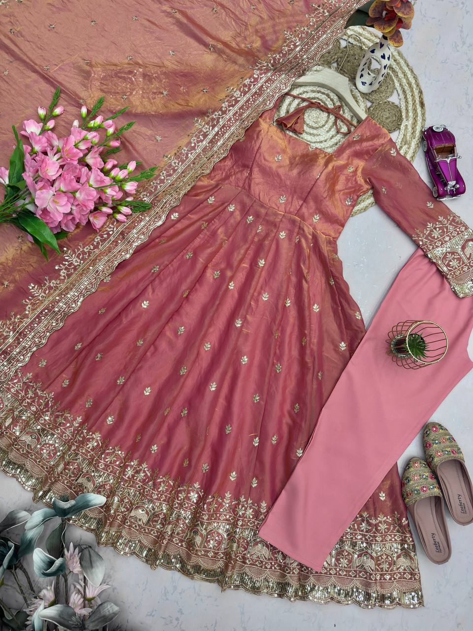 Elegant Heavy Fandy Silk Embroidered Sequins Gown Set with Dupatta & Pant – Party Wear Designer Outfit