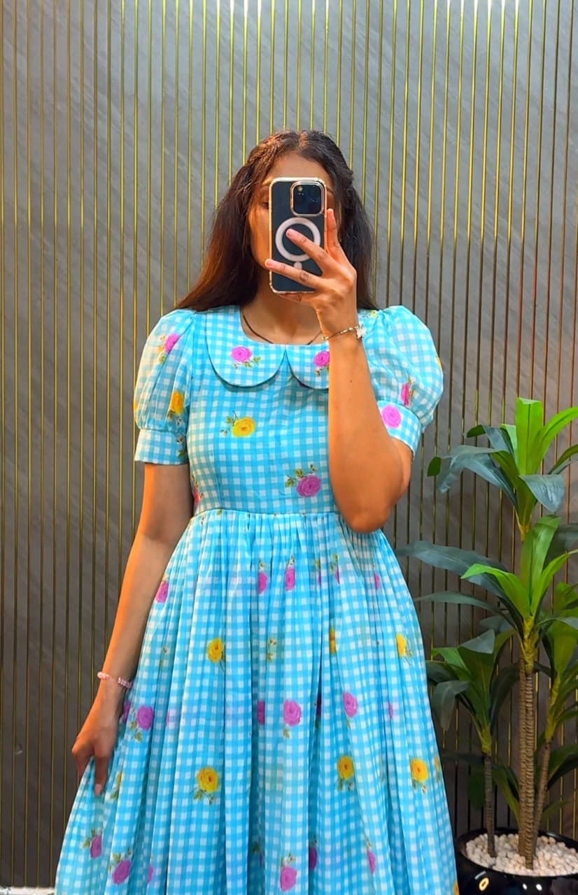 Women’s Floral Printed Cotton Midi Dress with Peter Pan Collar & Flared Hem – Casual & Party Wear