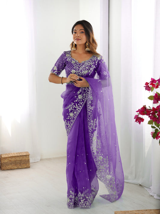 Designer Heavy Organza Silk Embroidered Saree with Blouse