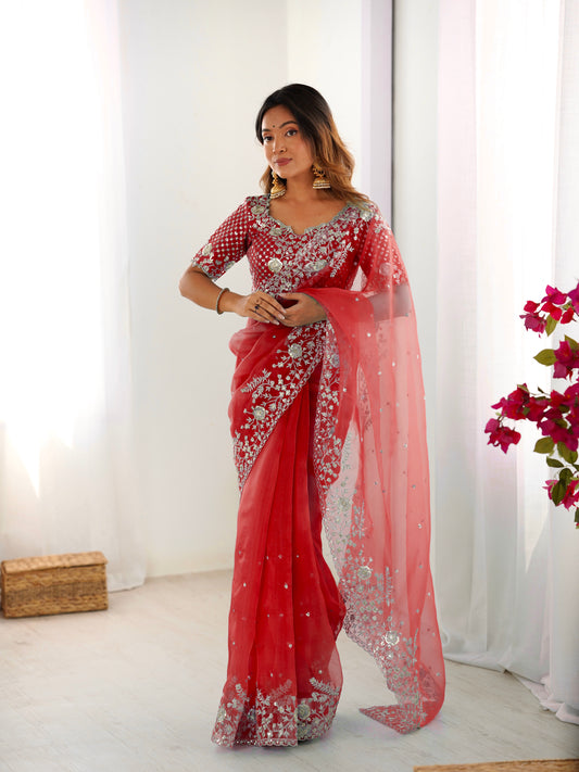 Designer Heavy Organza Silk Embroidered Saree with Blouse
