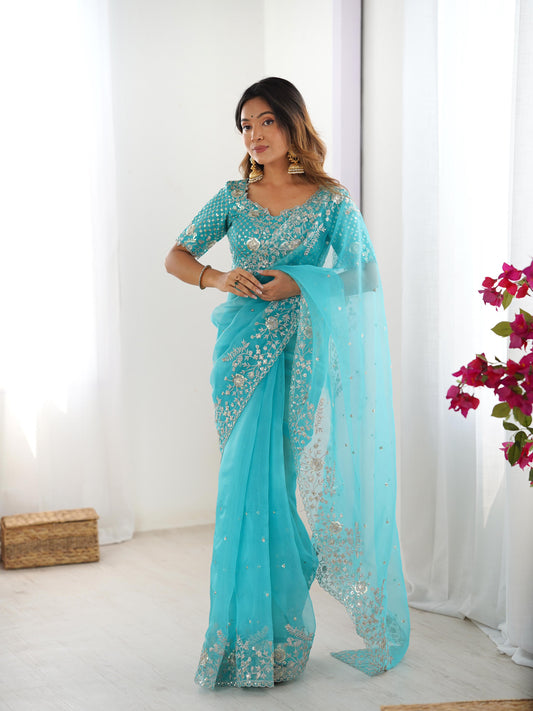 Designer Heavy Organza Silk Embroidered Saree with Blouse