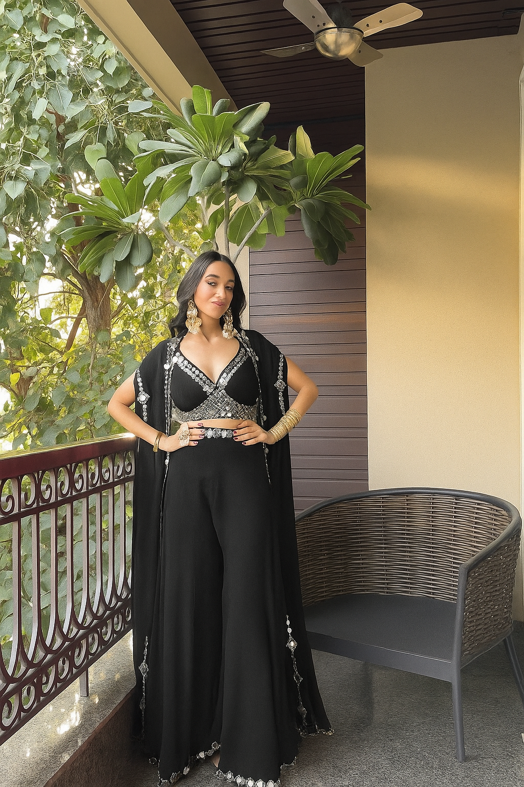 Citrus Pink Draped plazo & Mirror work  Blouse with Cape