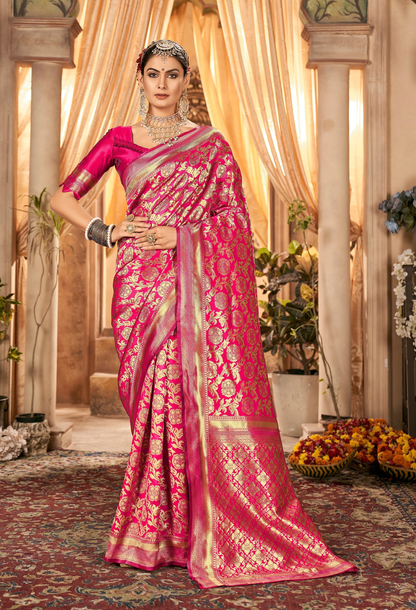 DARK PINK ZARI WORK BANARASI SAREE