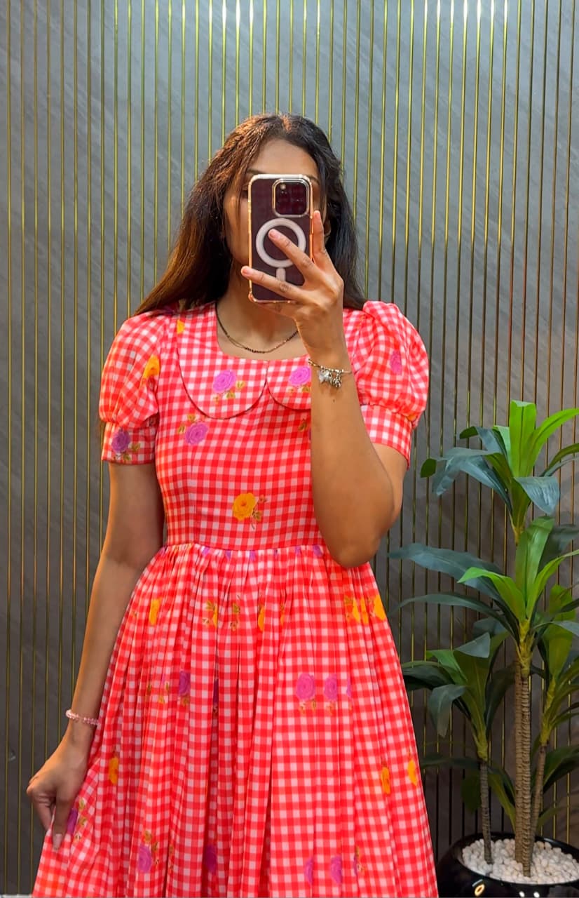 Women’s Floral Printed Cotton Midi Dress with Peter Pan Collar & Flared Hem – Casual & Party Wear