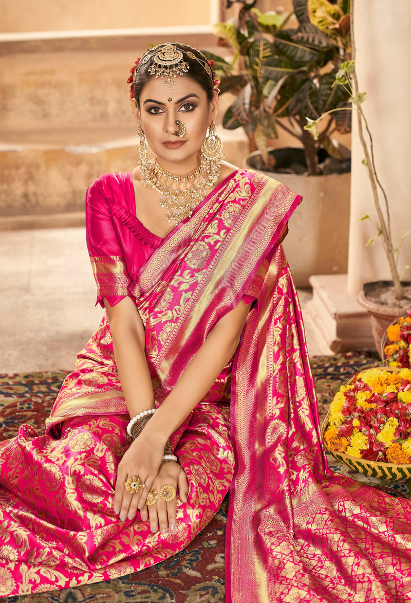 DARK PINK ZARI WORK BANARASI SAREE