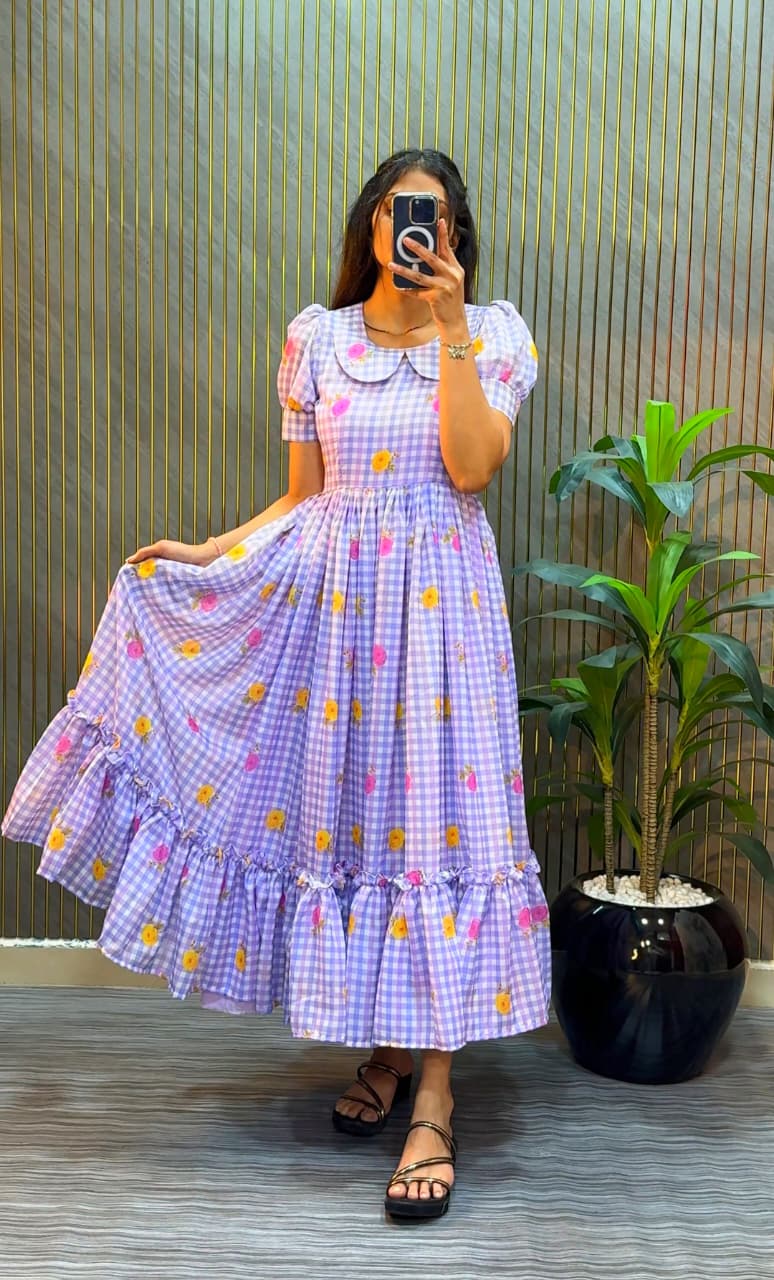 Women’s Floral Printed Cotton Midi Dress with Peter Pan Collar & Flared Hem – Casual & Party Wear