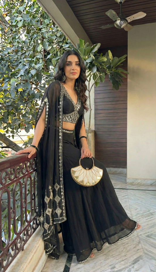 Citrus Pink Draped plazo & Mirror work  Blouse with Cape