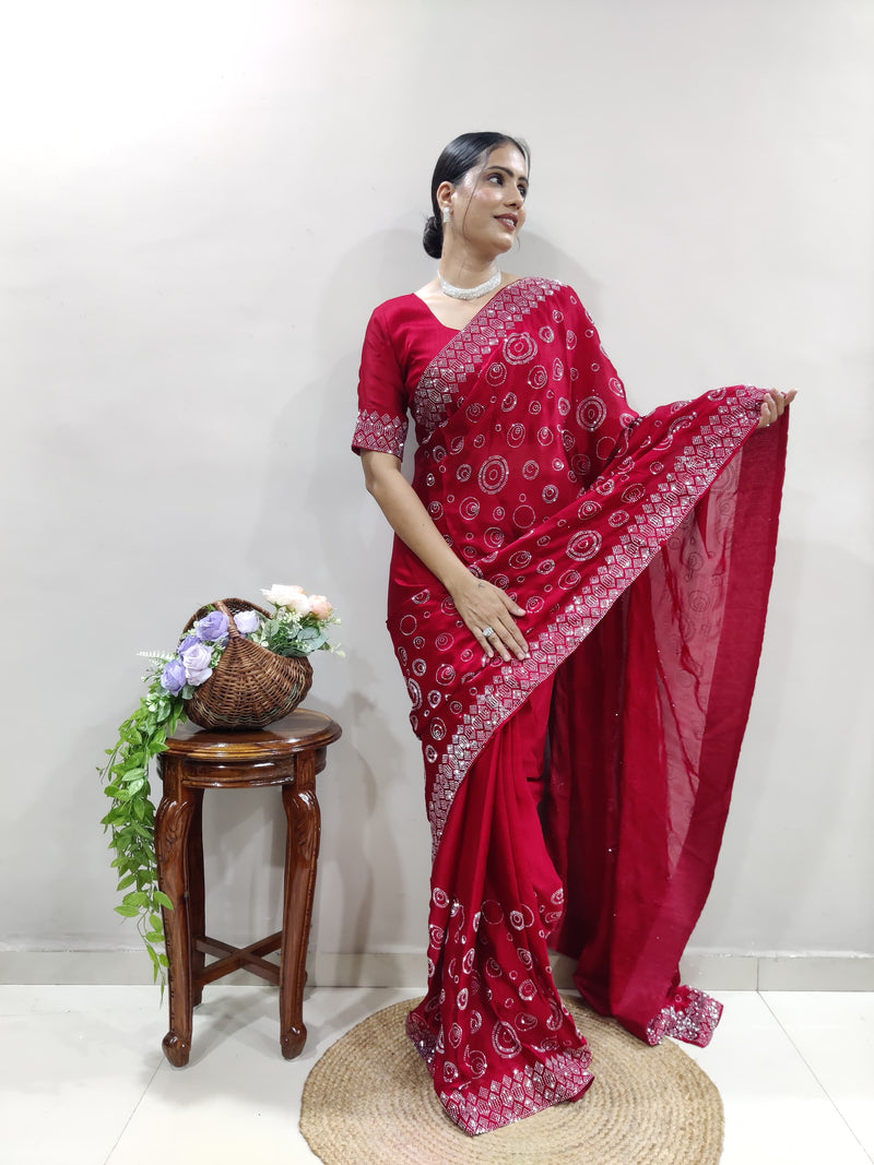 Pinkish Red Chiffon Satin Ready Made Saree